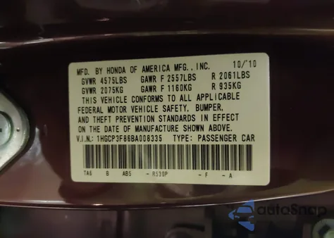 2011 Honda Accord 3.5 Ex-L z USA, uszkodzony, nr VIN 1HGCP3F86BA008335